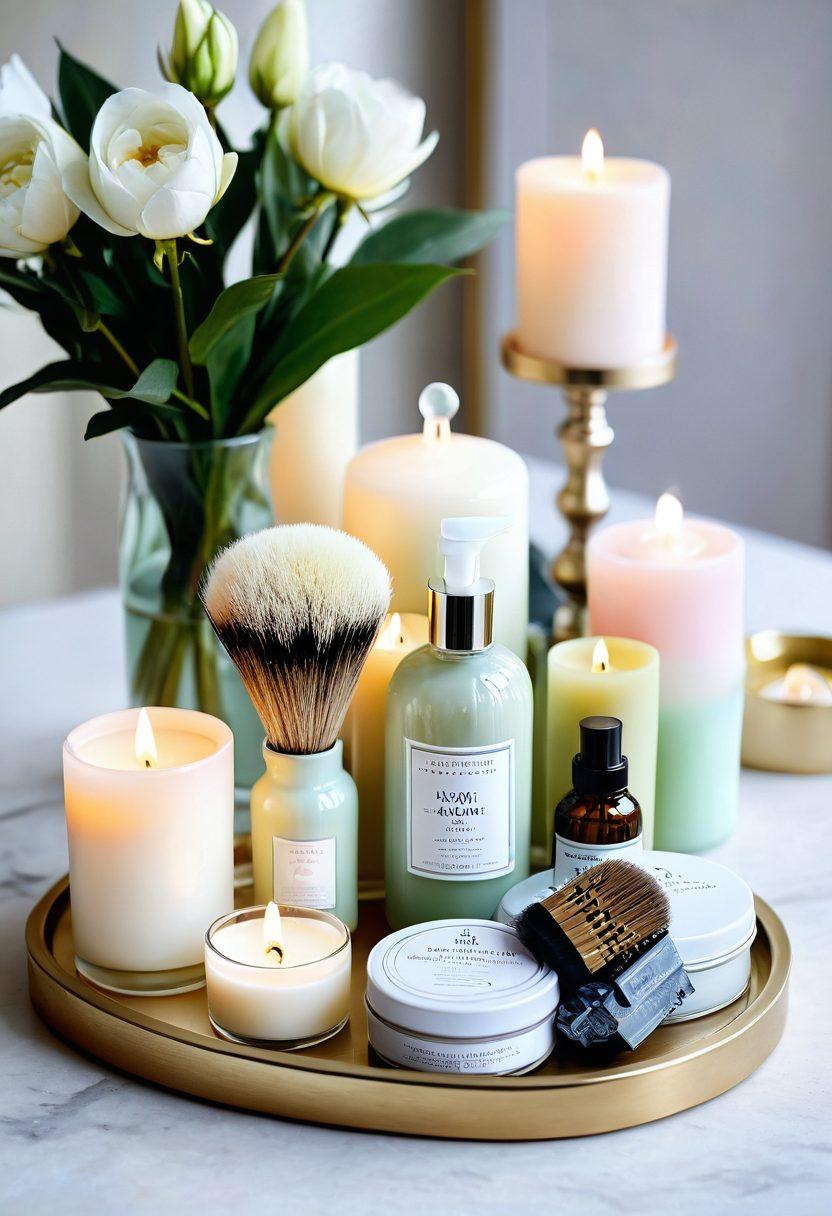 A beautifully arranged display of grooming essentials including a luxurious brush set, organic skincare products, and fragrant candles, surrounded by fresh flowers and elegant fabrics. The scene exudes tranquility and elegance, highlighting self-care and beauty. Soft natural lighting enhances the radiant colors of the products. pastel colors. soft-focus. elegant composition.