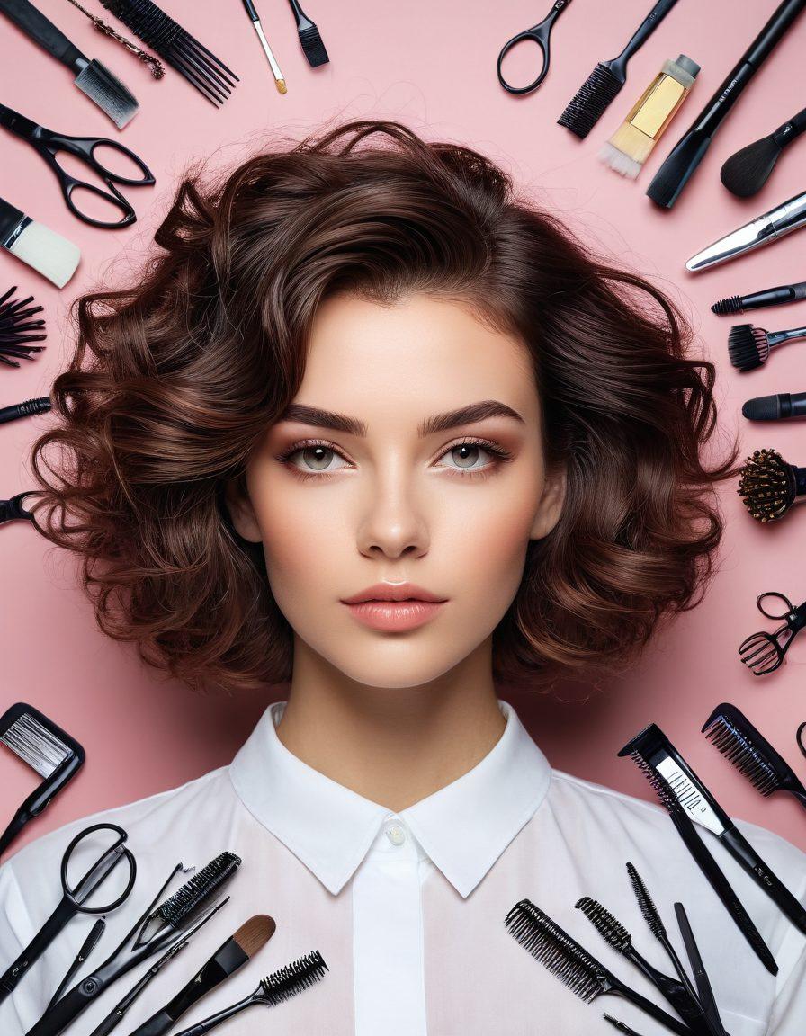 A close-up of a stylish woman with mesmerizing hair, showcasing various trending hairstyles from sleek to voluminous. Surround her with elegant grooming tools like brushes and scissors, enveloped in soft pastel colors. Include a background with floral patterns to evoke a sense of beauty and grace. The light should be warm and inviting, emphasizing her confidence. super-realistic. vibrant colors. soft background.