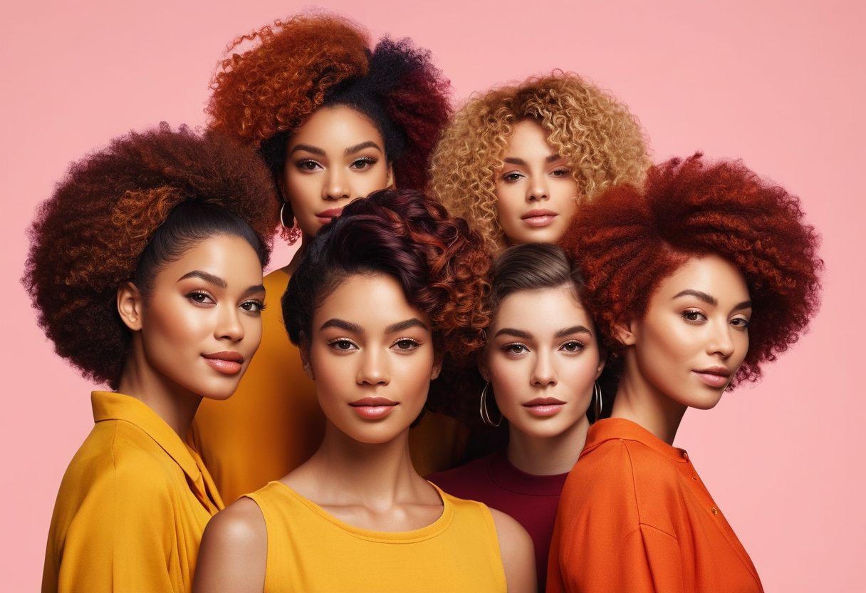 A diverse group of women showcasing vibrant and stunning hairstyles, each reflecting their unique charm and personality. Include a variety of hair textures, colors, and styles, with a soft and inviting background that enhances the beauty of their hair. Add hair care products subtly placed around them, exuding a sense of care and attention to detail. Use warm tones to create a welcoming atmosphere. super-realistic. vibrant colors. soft focus.